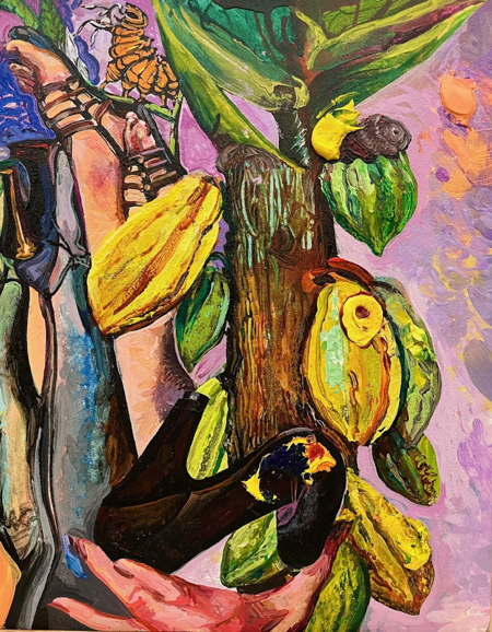A painting of a tree with fruits and flowers
AI-generated content may be incorrect.